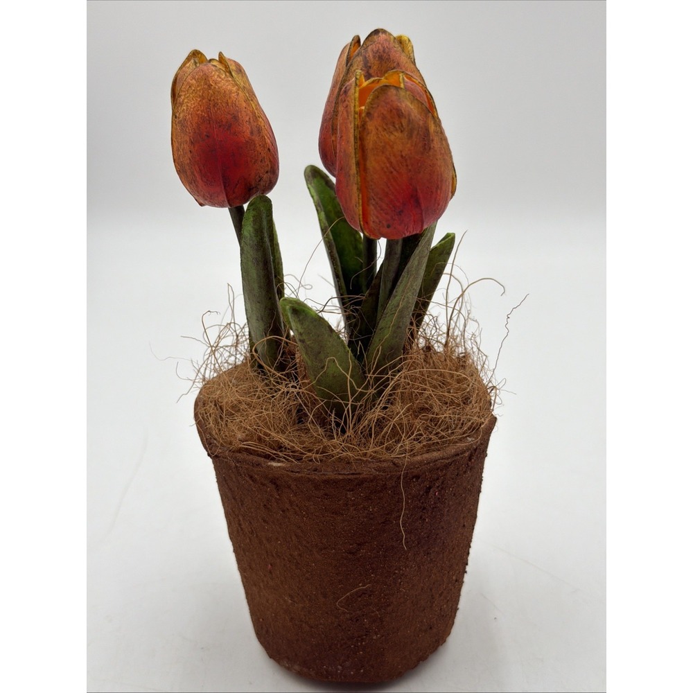 Primitive Handmade Grunged in Cinnamon Orange Tulips Fall Grungy Pot